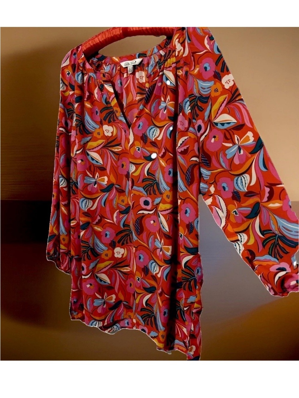 Pioneer Woman Top L Cute Floral Silky Popover Peasant Shirt Blouse Size Large